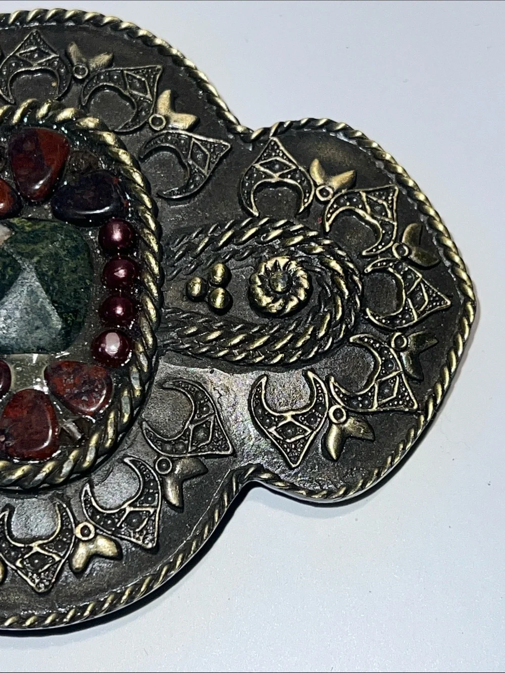 Ornate Metal Belt Buckle with Green Center and Burgundy Accents Stones